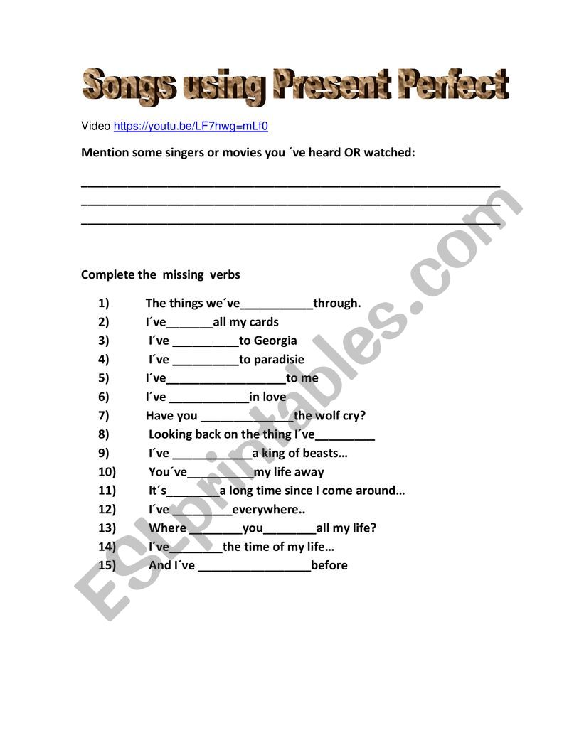 Present Perfect with songs worksheet