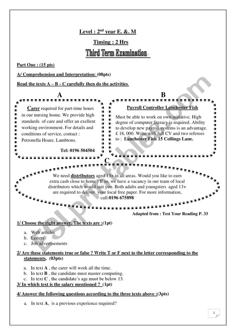 reading worksheet as assessment
