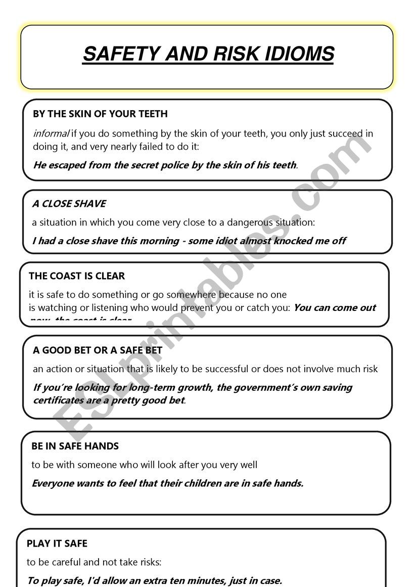 Safety and risk idioms worksheet