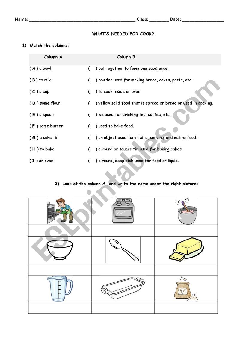 Cooking Class worksheet