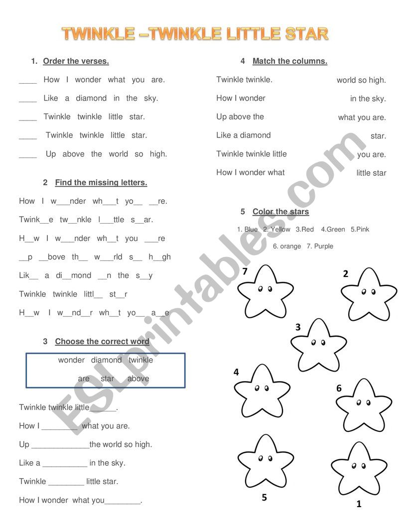 twinkle twinkle little star worksheet twinkle twinkle little star worksheet