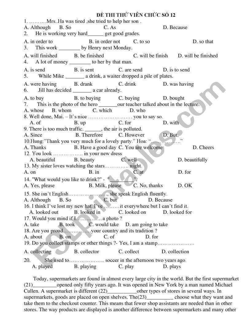 Test for A1 level worksheet