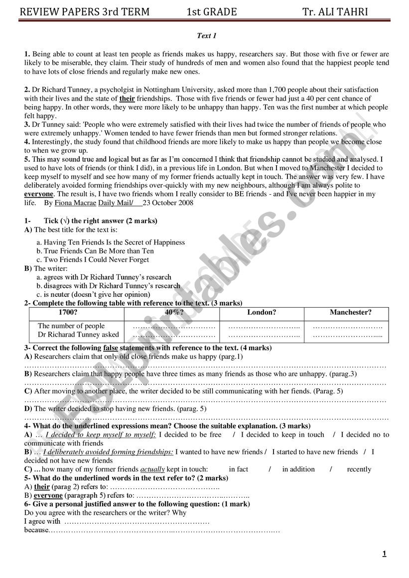 4th year revision paper  worksheet