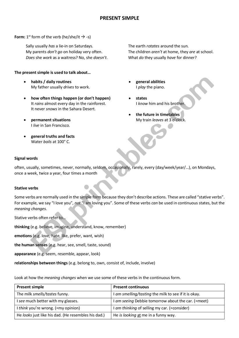 Present simple overview worksheet