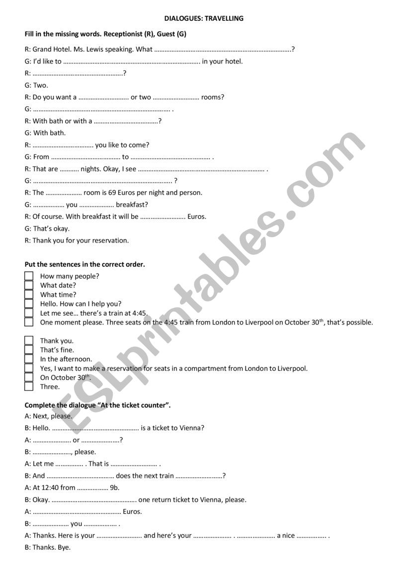 Travelling - dialogues worksheet