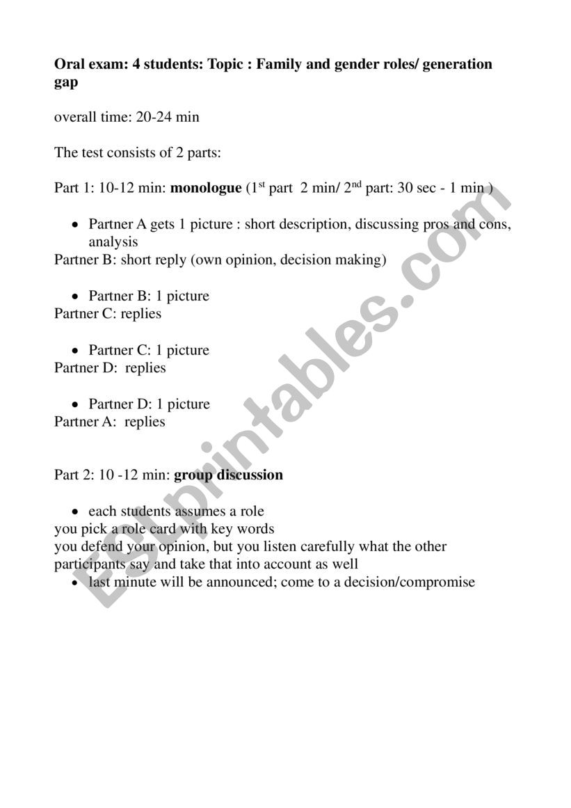 Oral exam family/gender roles/generation gap