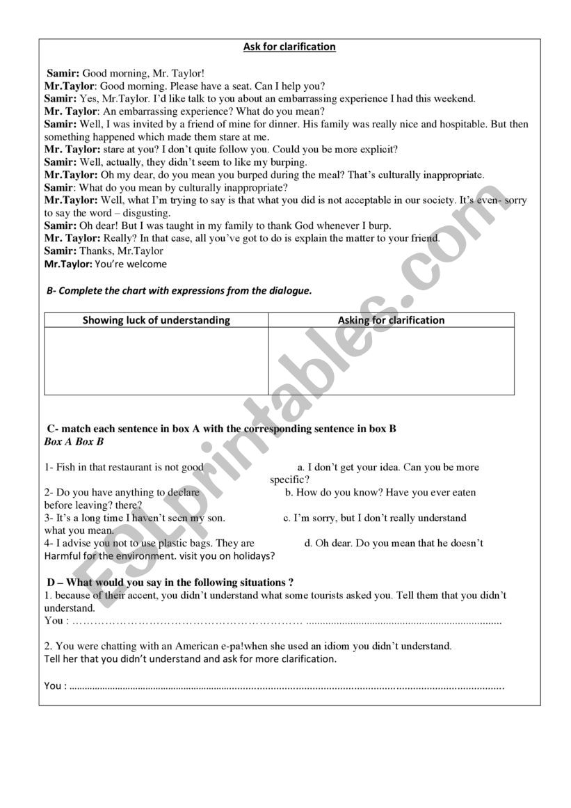 Lack of understanding worksheet