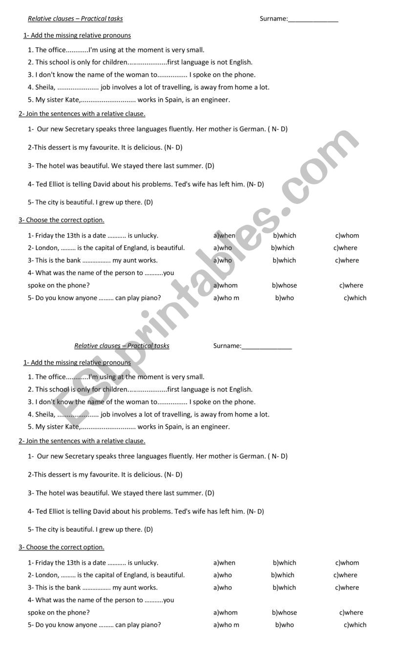 Relative clauses revision tasks