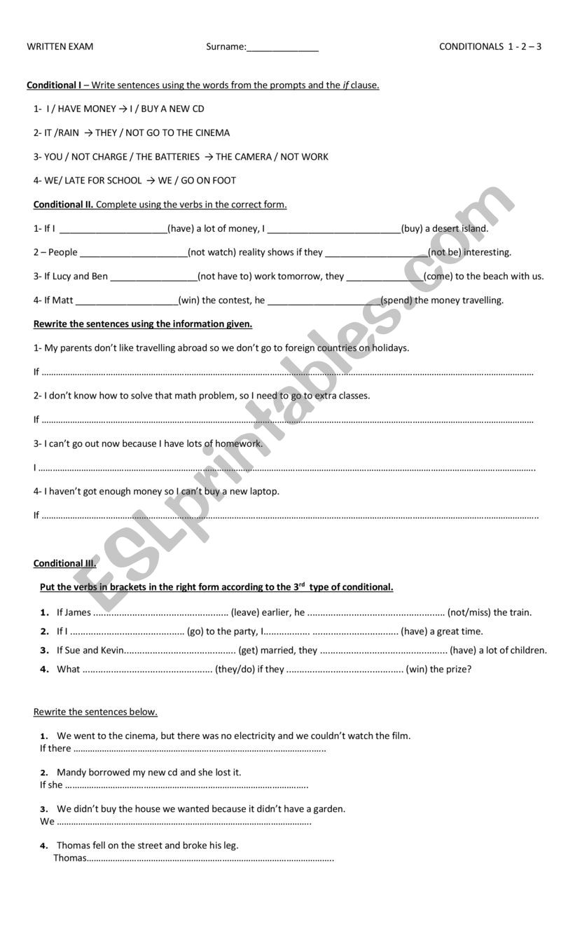 conditionals exam worksheet