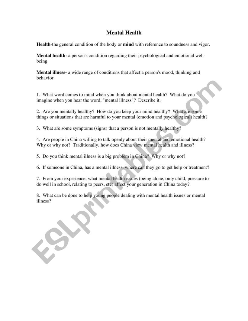 Mental Health Questions worksheet