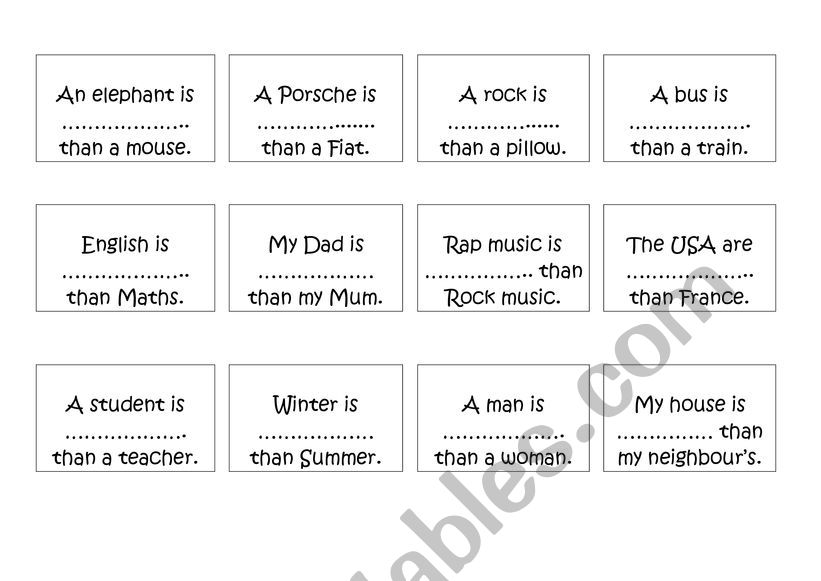 Comparative card game worksheet