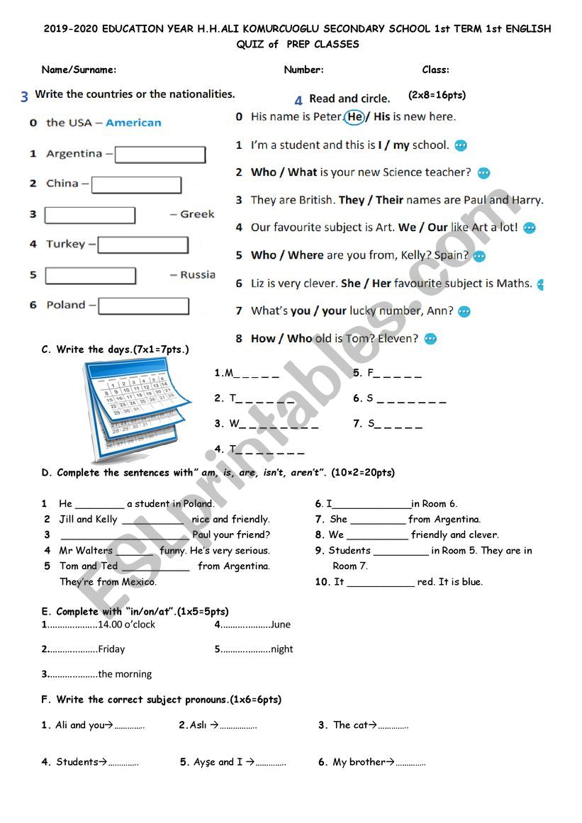 quiz for 5th grade in turkey worksheet