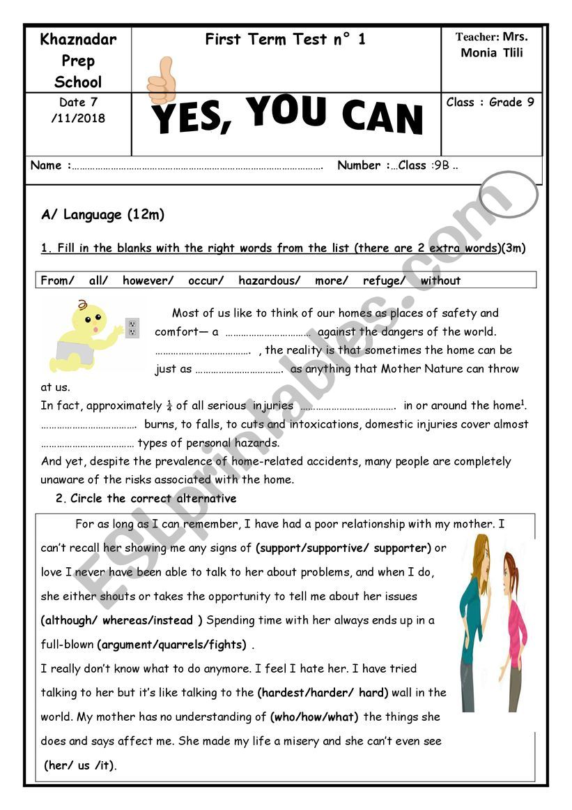 Family and safety Grade 9 first test