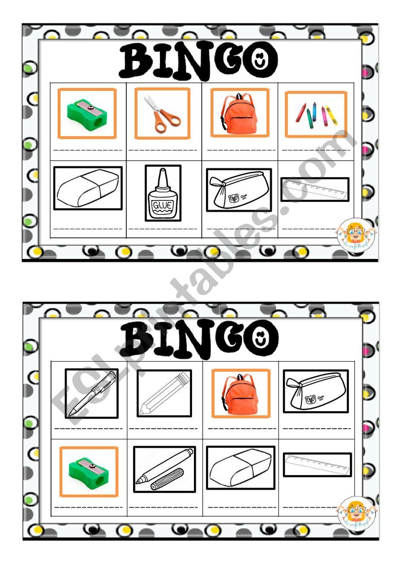 Bingo classroom objects worksheet