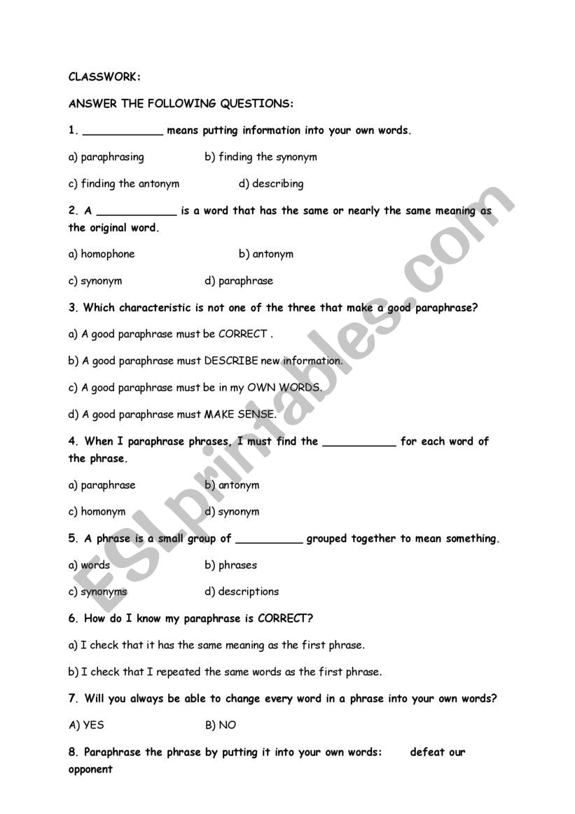 paraphrasing test worksheet
