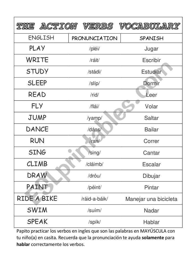 vocabulary about some verbs for kids