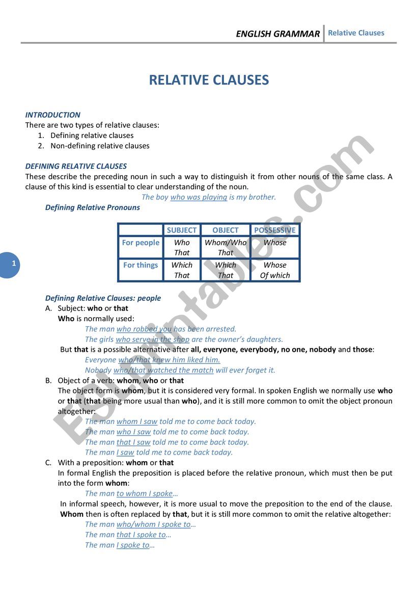 Relative Clauses worksheet