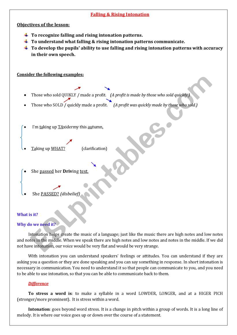 falling & rising intonation worksheet