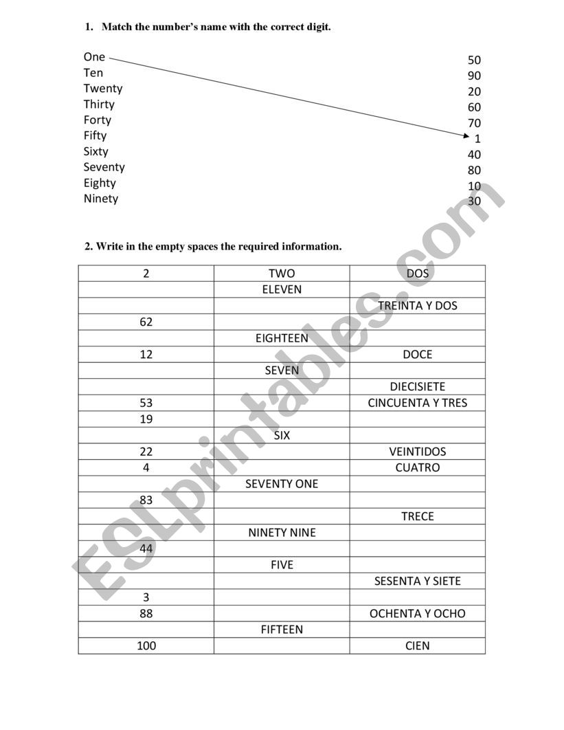 Numbers worksheet