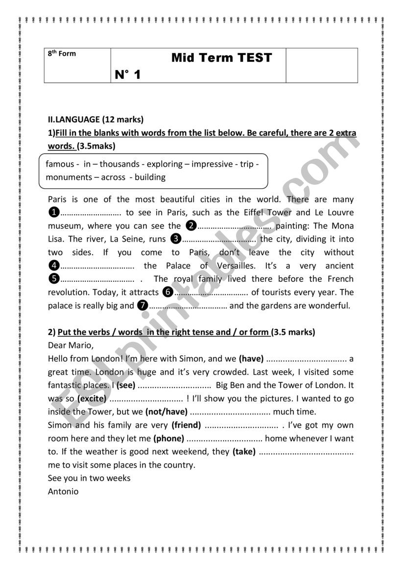 Mid term Test 1 language  worksheet