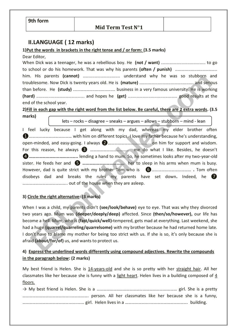 Mid term Test 1 language  worksheet