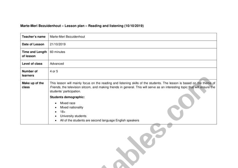 Lesson plan and exercise for listening and reading   