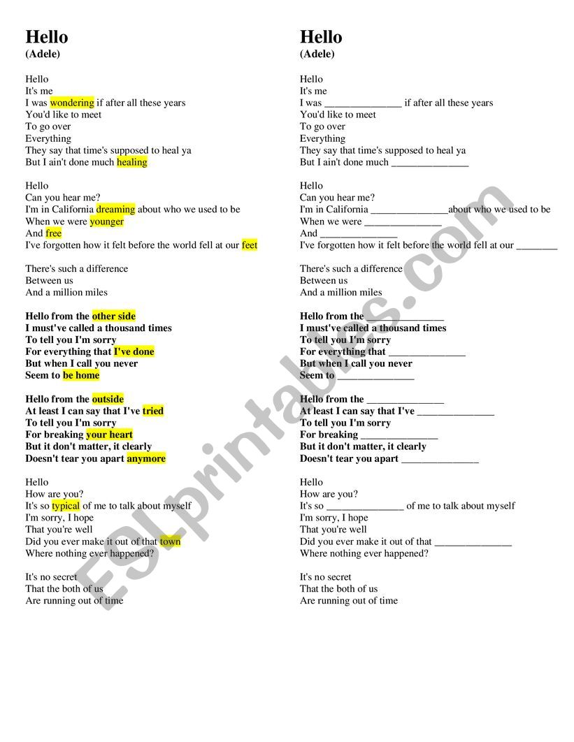 Song Hello Adelle worksheet