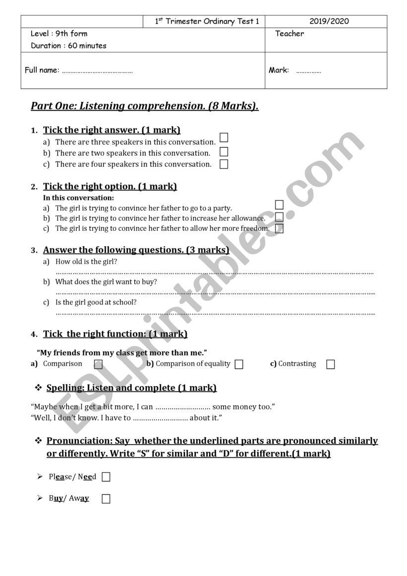 9th form mid term test number 1