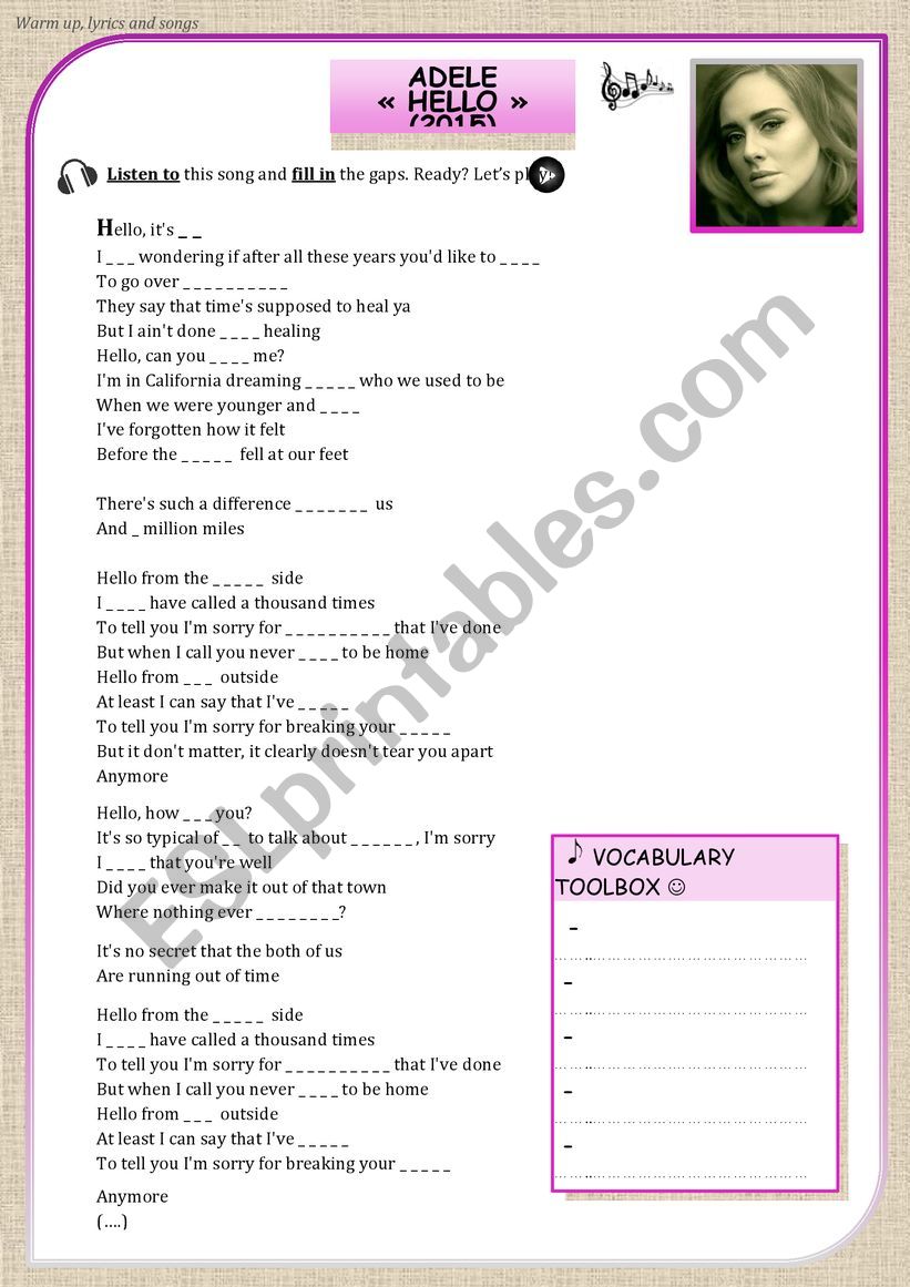 ADELE HELLO  worksheet