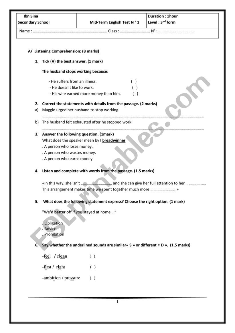 MID-TERM ENGLISH TEST N 1 worksheet