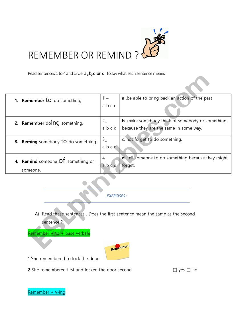 Remember or Remind  worksheet