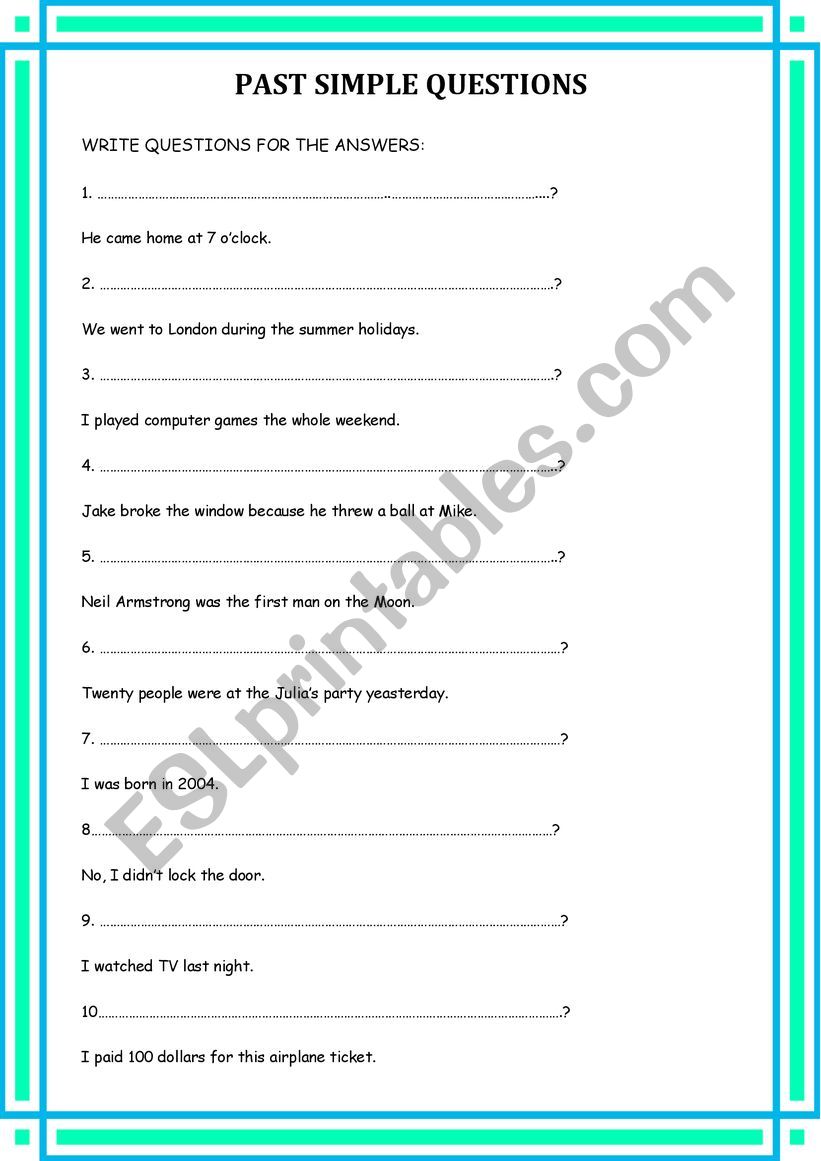 Past simple questions worksheet