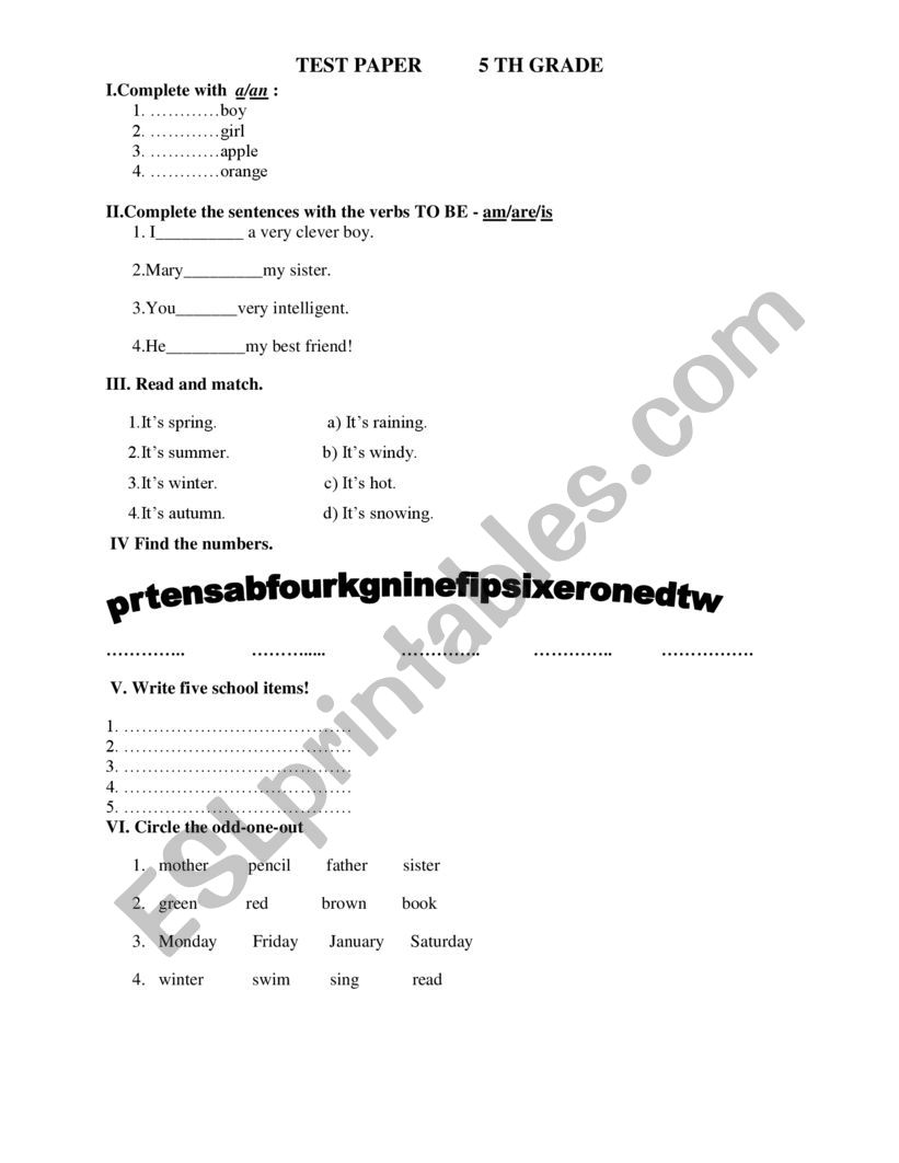 Initial test 5th grade worksheet