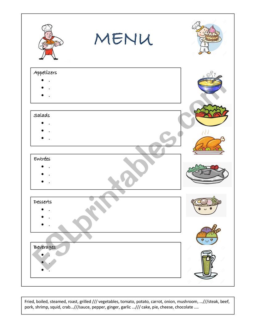 Menu worksheet