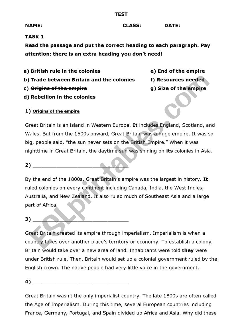The British empire test worksheet