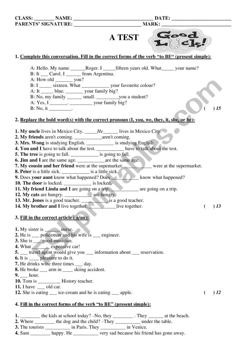 Grammar test worksheet
