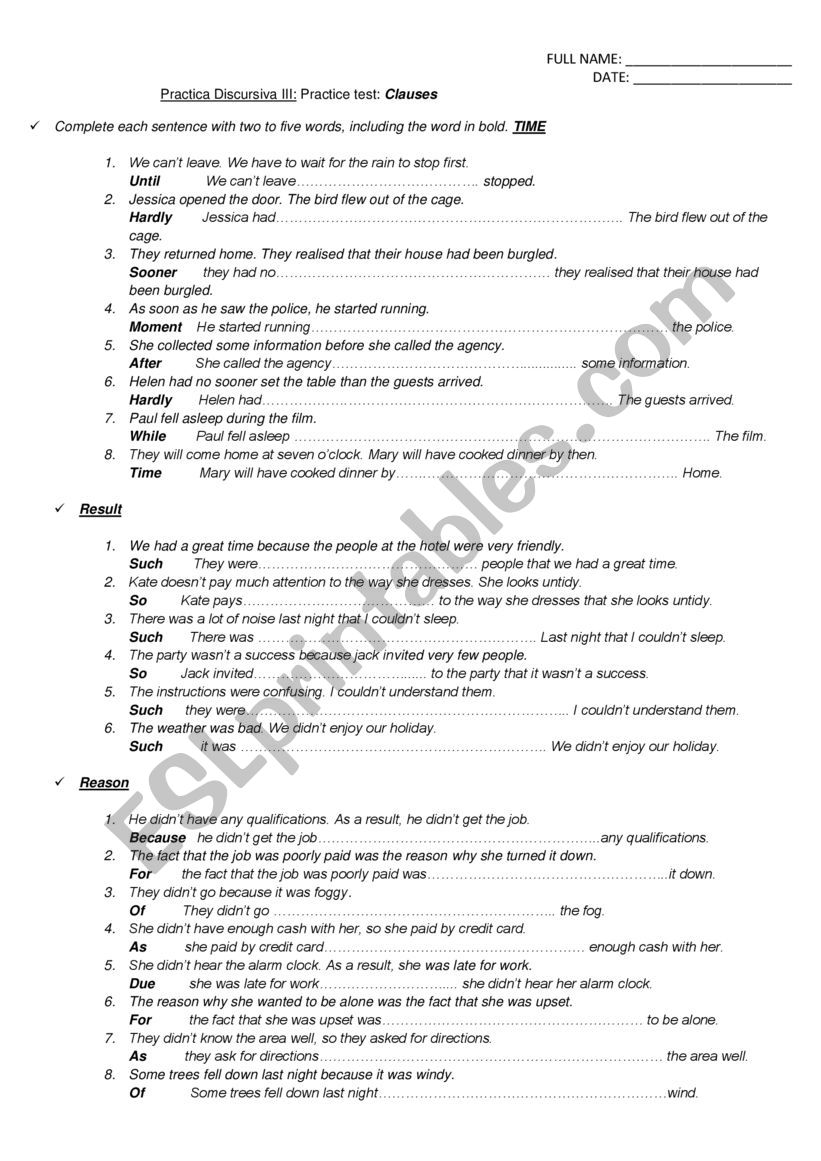 CLAUSES  worksheet