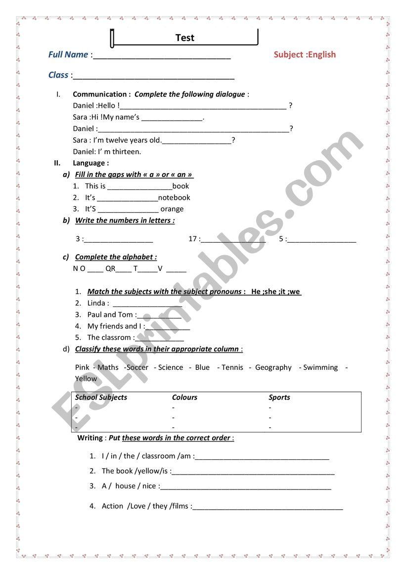 A test worksheet