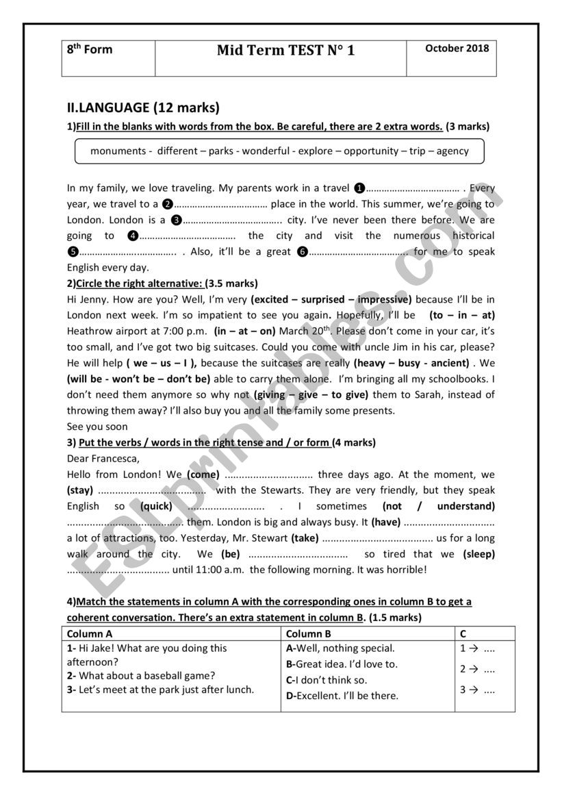 Mid term Test 1 language 8th Form