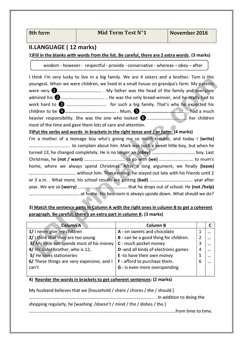 Mid term Test 1 language 9th Form