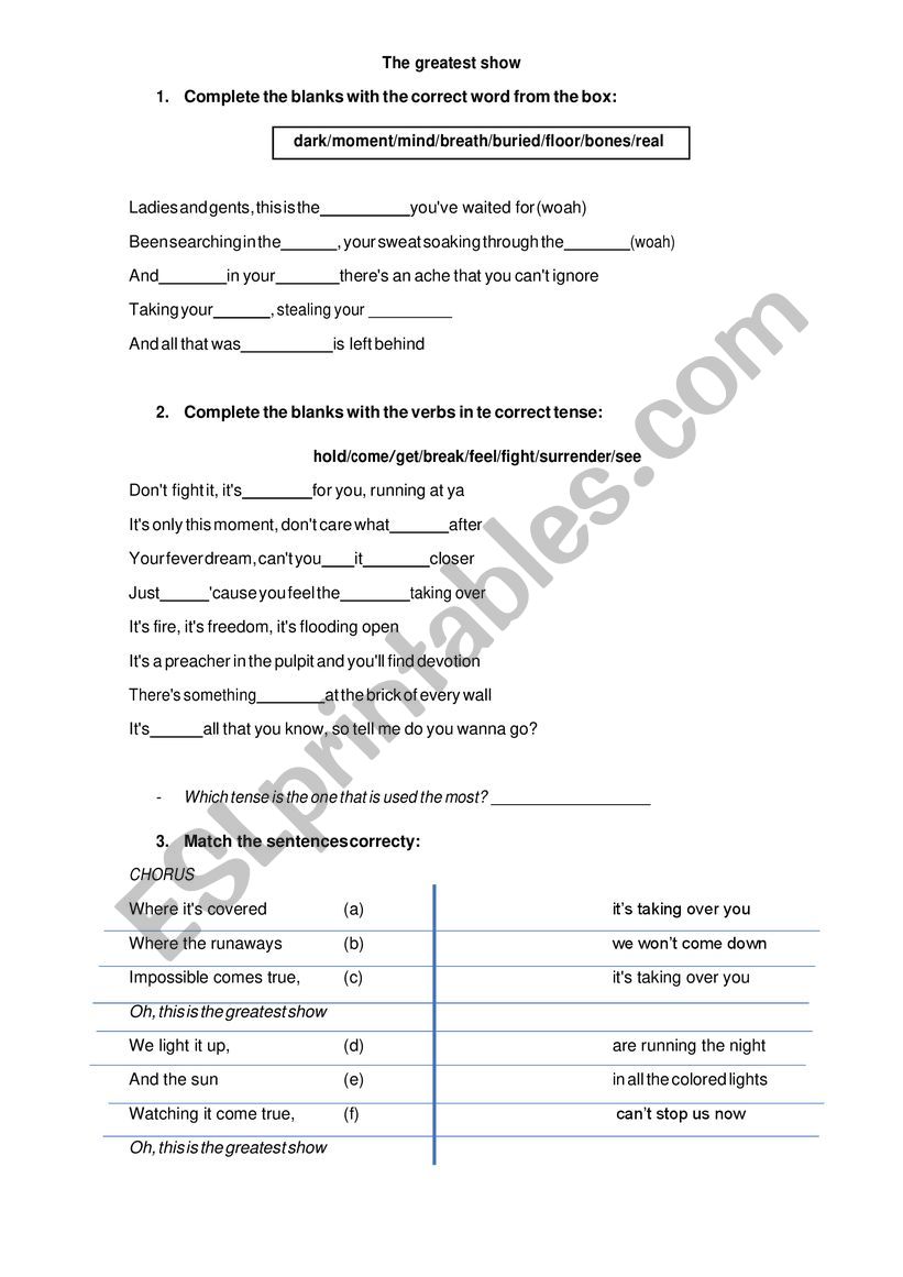 The greatest show worksheet