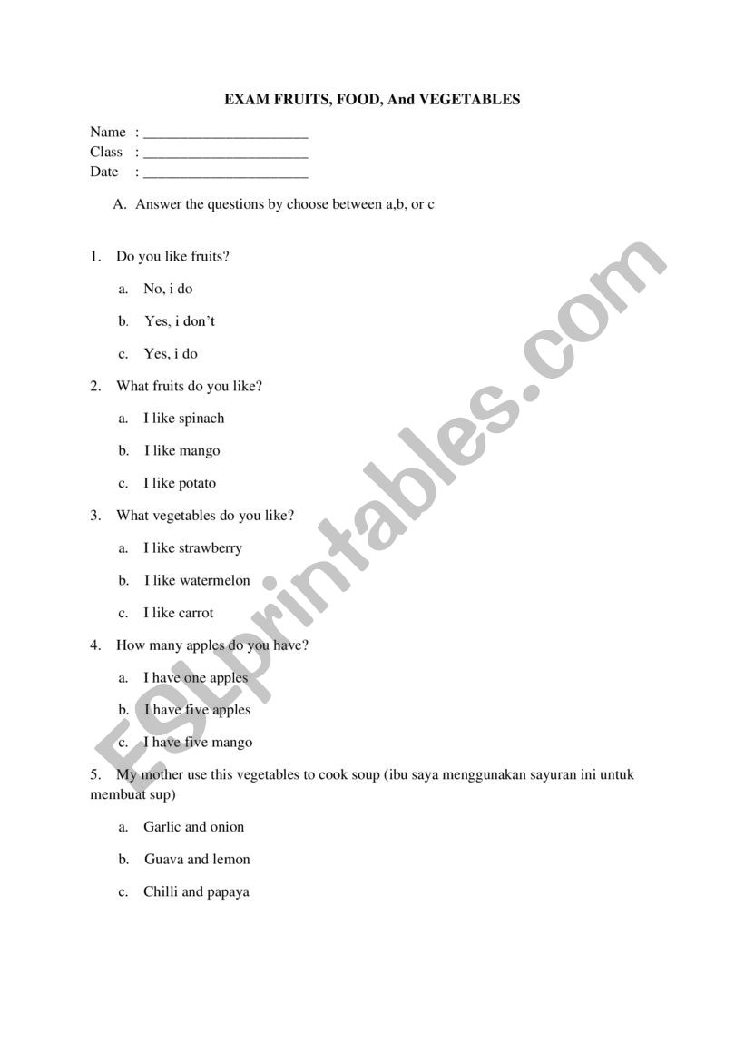 Test for Food Fruit Vegetable worksheet
