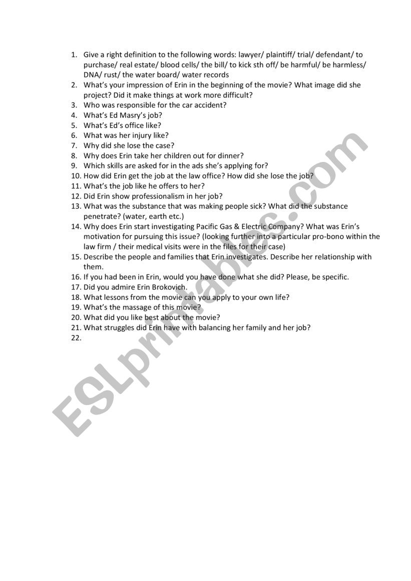 Erin Brockovich worksheet worksheet