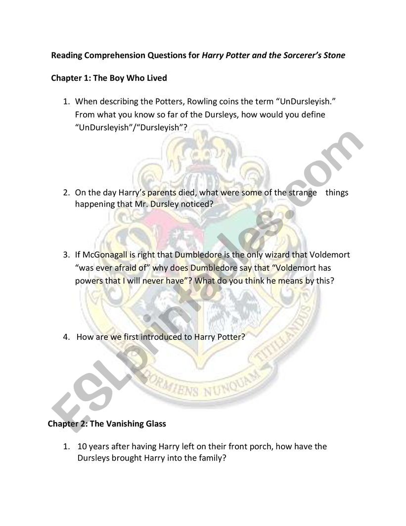Ar Harry Potter And The Sorcerer's Stone Answers Harry Potter and the Sorcerer´s Stone Chapter Questions - ESL worksheet