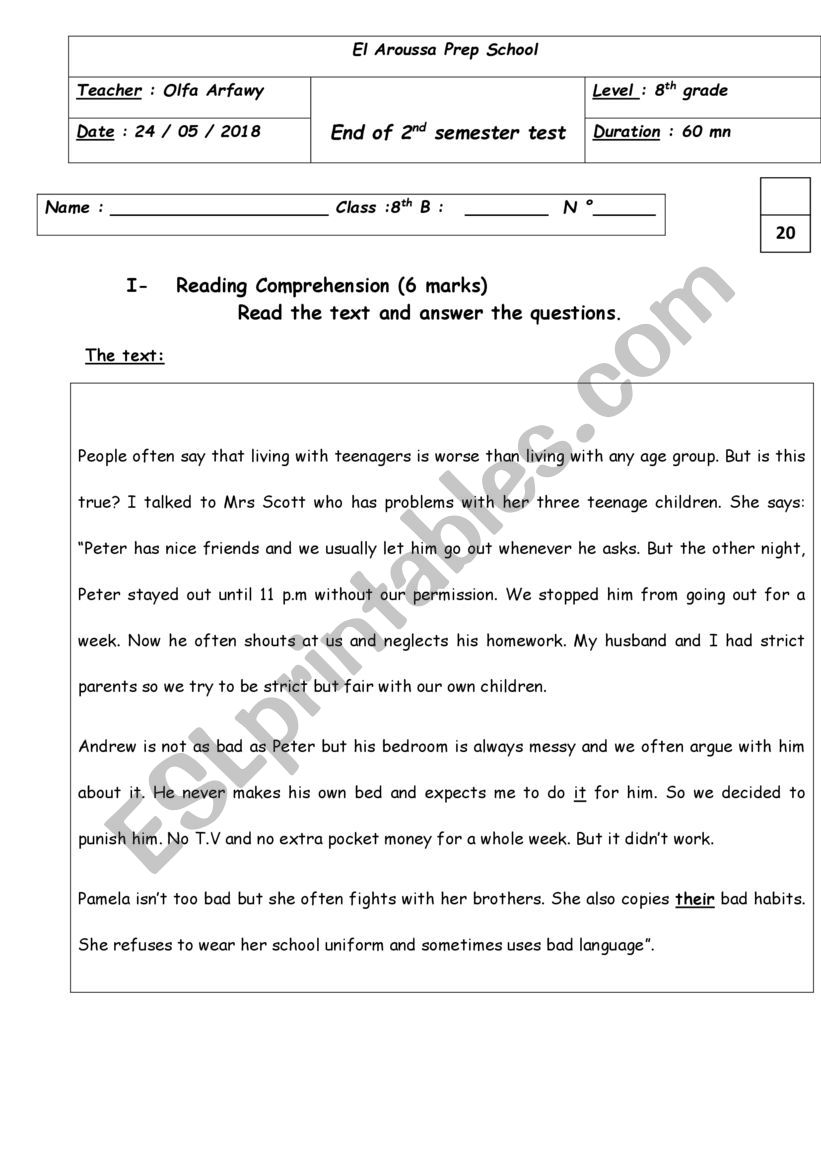 8th form test worksheet