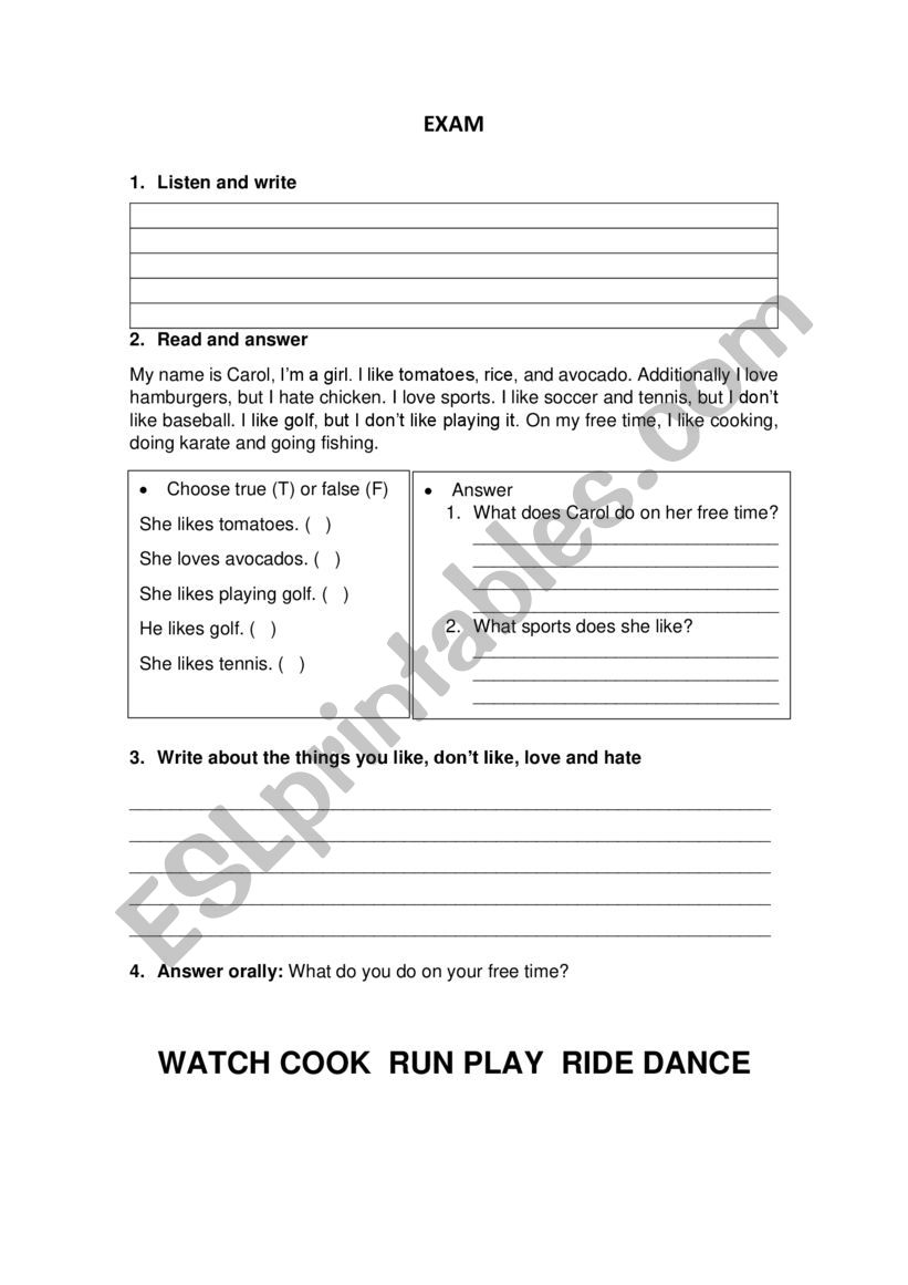 Likes and dislikes worksheet