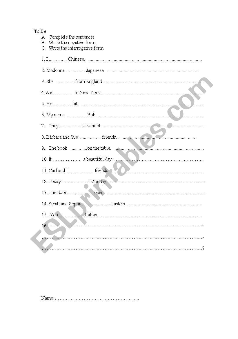 To Be worksheet