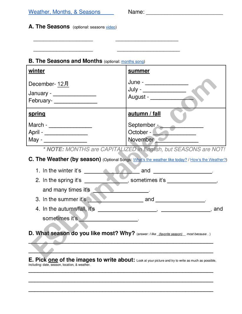 Seasons, Months, & Weather Handout Seasons, Months, & Weather Handout