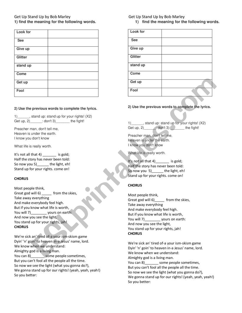Get Up, Stand Up.  worksheet