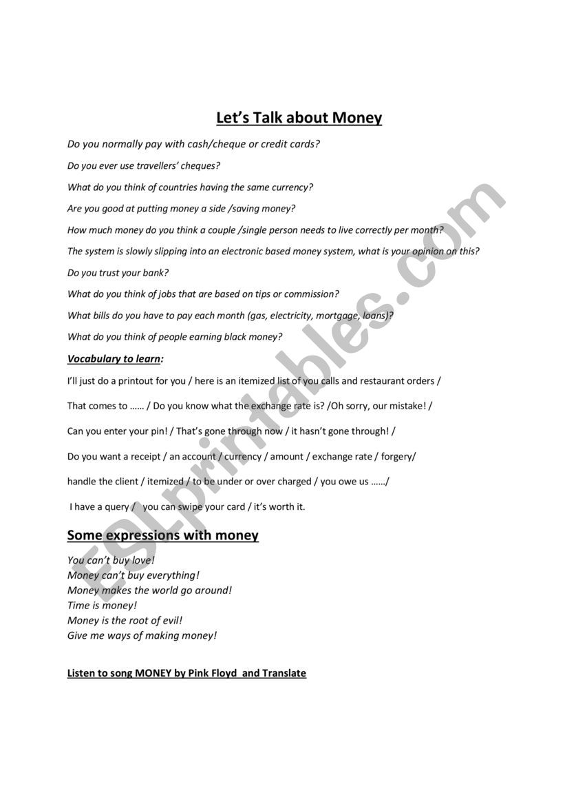 LetÂ´s talk about money worksheet